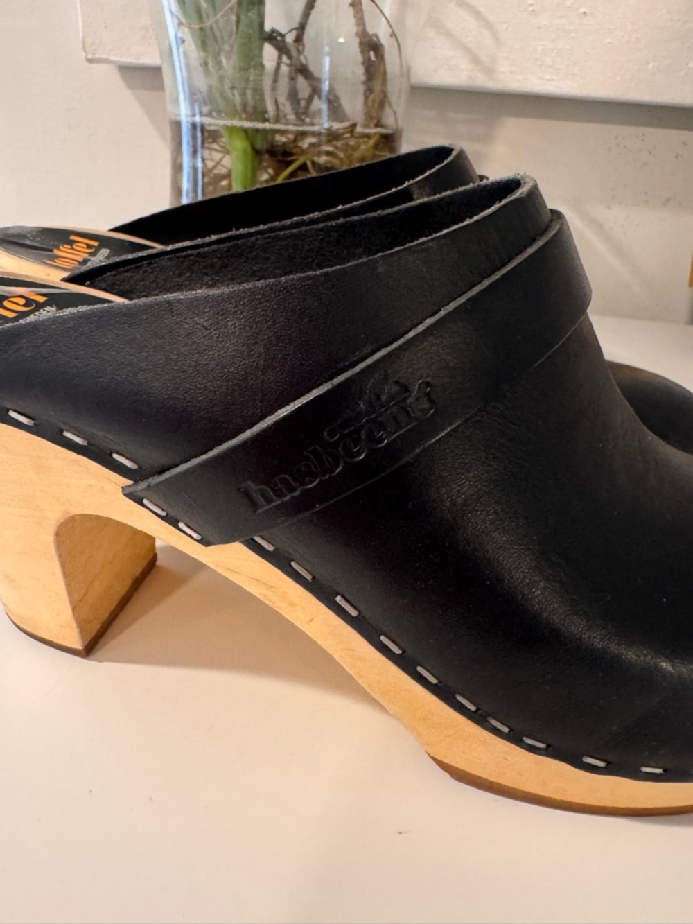 Swedish HASBEENS Black Leather Mule Clogs - wooden Heal Timeless chic ER38/US7.5 - Picture 8 of 16
